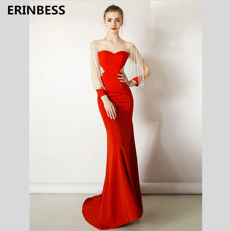 

Vestido De Festa Scoop Neck Mermaid Evening Dresses Long Dress 2020 Fashion Robe De Soiree Beading Long Sleeve Red Evening Dress