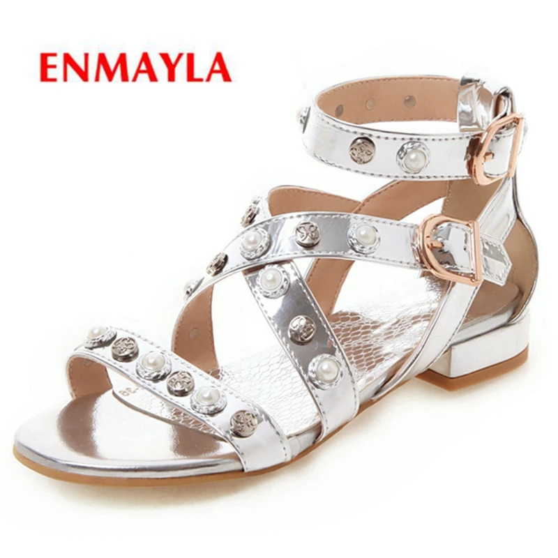 ENMAYLA 2019  New Arrival  PU  Gladiator Low Heel Sandals  Casual  Buckle Strap  Solid Gold Sliver Women Shoes Size 34-43 LY2199