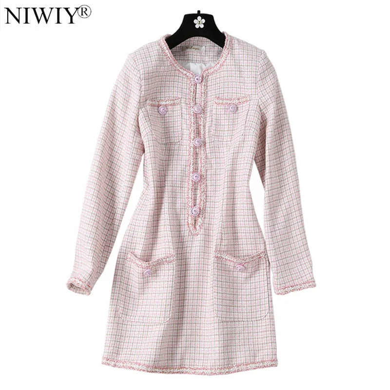 

High-end Luxury Tweed Pink Party Women Dress Vetement Femme 2019 Autumn Long Sleeves Ladies Dresses Sukienki Damskie K6001