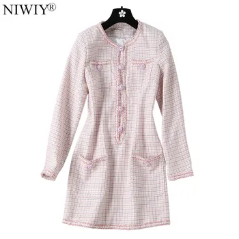 

High-end Luxury Tweed Pink Party Women Dress Vetement Femme 2021 Autumn Long Sleeves Ladies Dresses Sukienki Damskie K6001