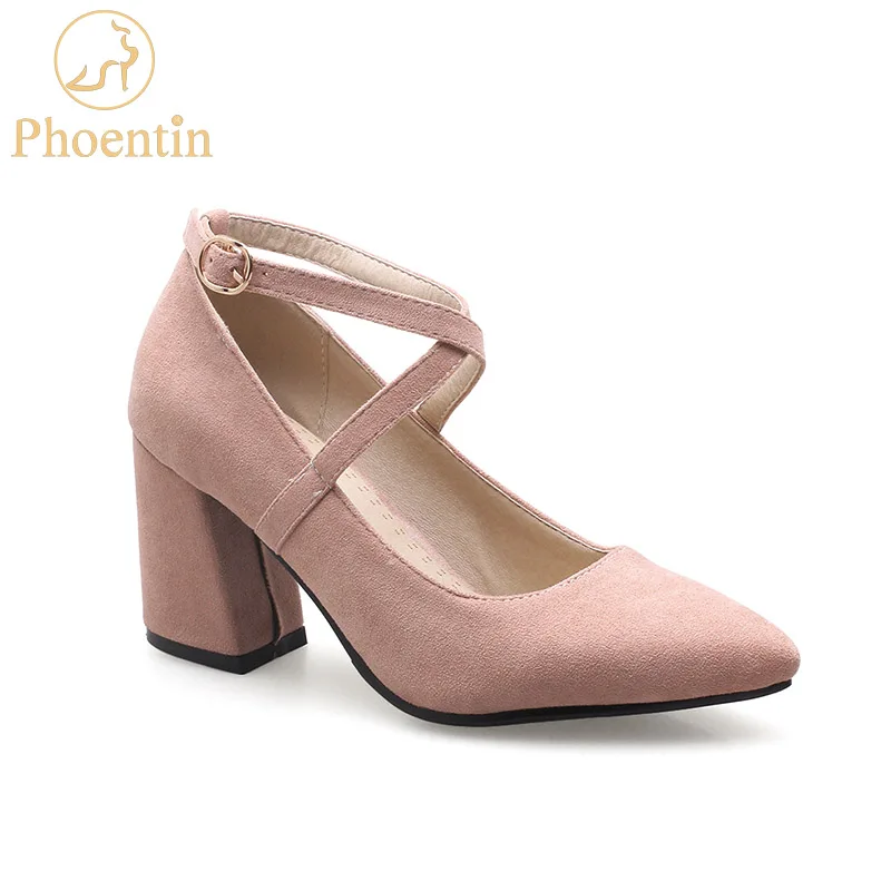 

Phoentin pink buckle strap female shoes cross narrow band 2019 hoof high heel shoes flock block heel pumps women black FT656
