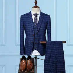 2018 Весна Мужская Досуг деловой костюм, высокая-конец мужские деловые тонкий Комплект из 3 предметов/Британский стиль бренд клетчатый