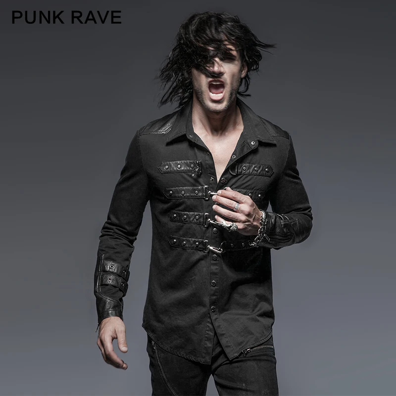 Панк Рейв черный рок металлический тонкий человек рубашка с Colloar Y-634