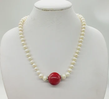 

8-9MM White Natural Freshwater Pearl Necklace and 22mm huge red natural coral beads. Classic Italian jewellery 20"