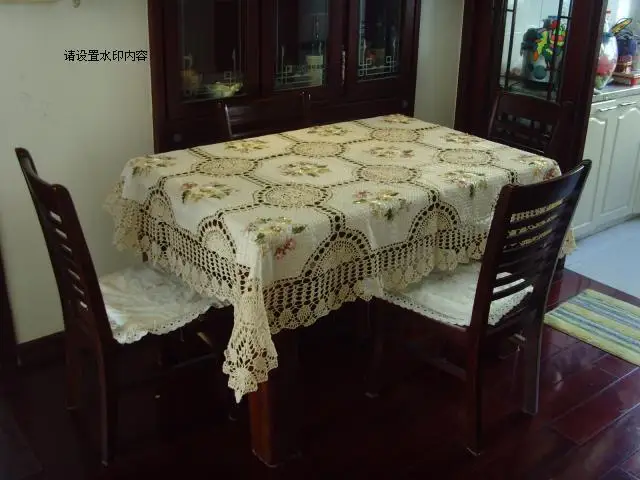 2015 free shipping cotton crochet lace tablecloth with ribbon embroidery flowers lace table towel for home decor overlay skirt - Image 3