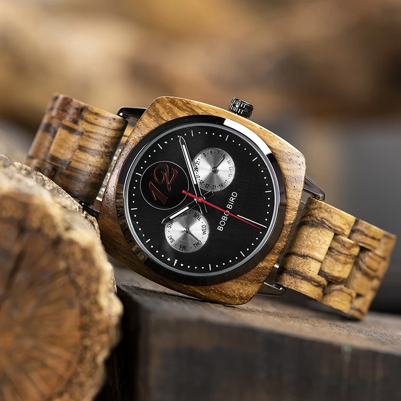 Bobo Bird Custom Wood Watch Classic Square Dial Luxury Men Quartz Wristwatches in Wooden Box dropshipping