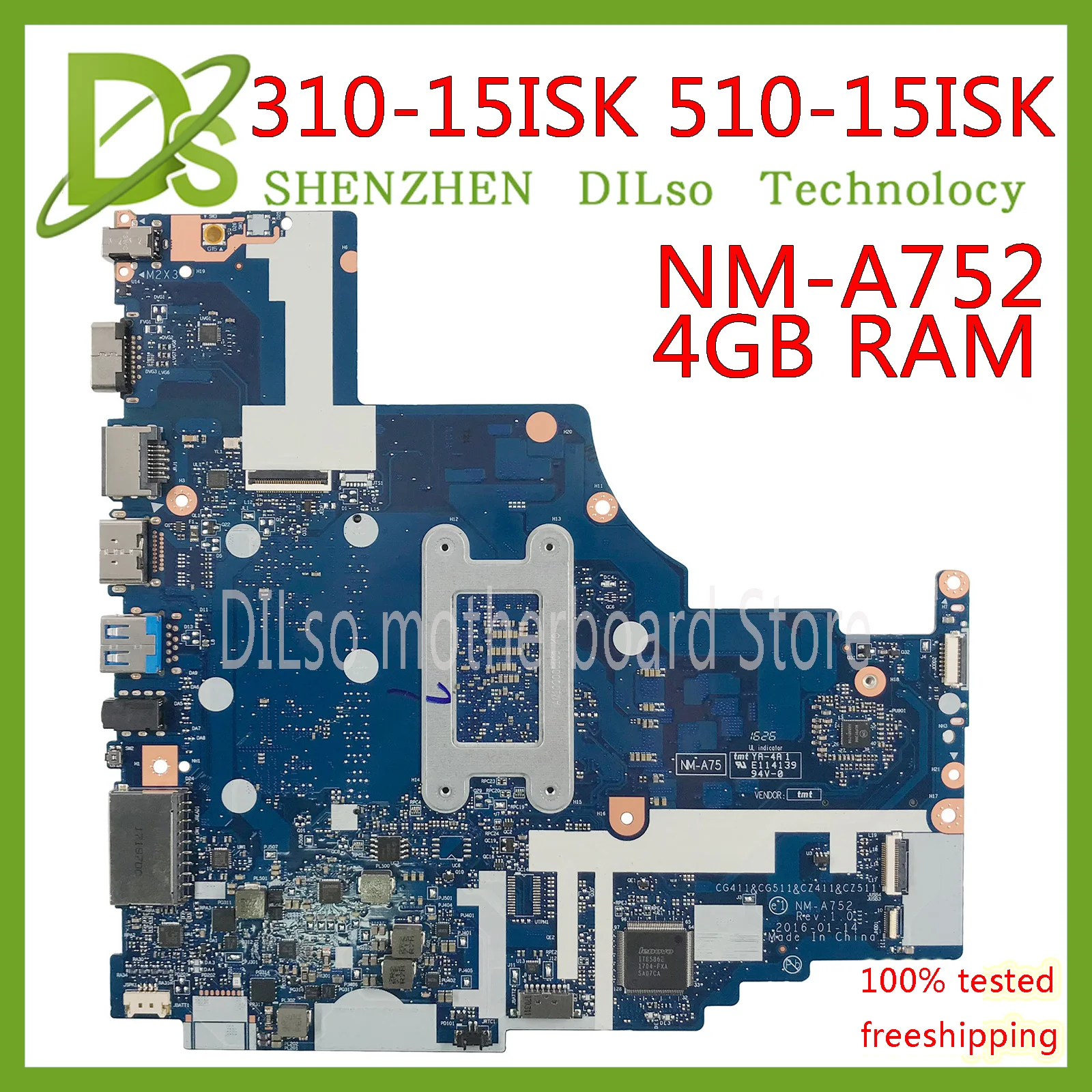  KEFU NM-A752 motherboard for Lenovo 310-15ISK 510-15ISK laptop motherboard For I7-6500U 4GB RAM Tes