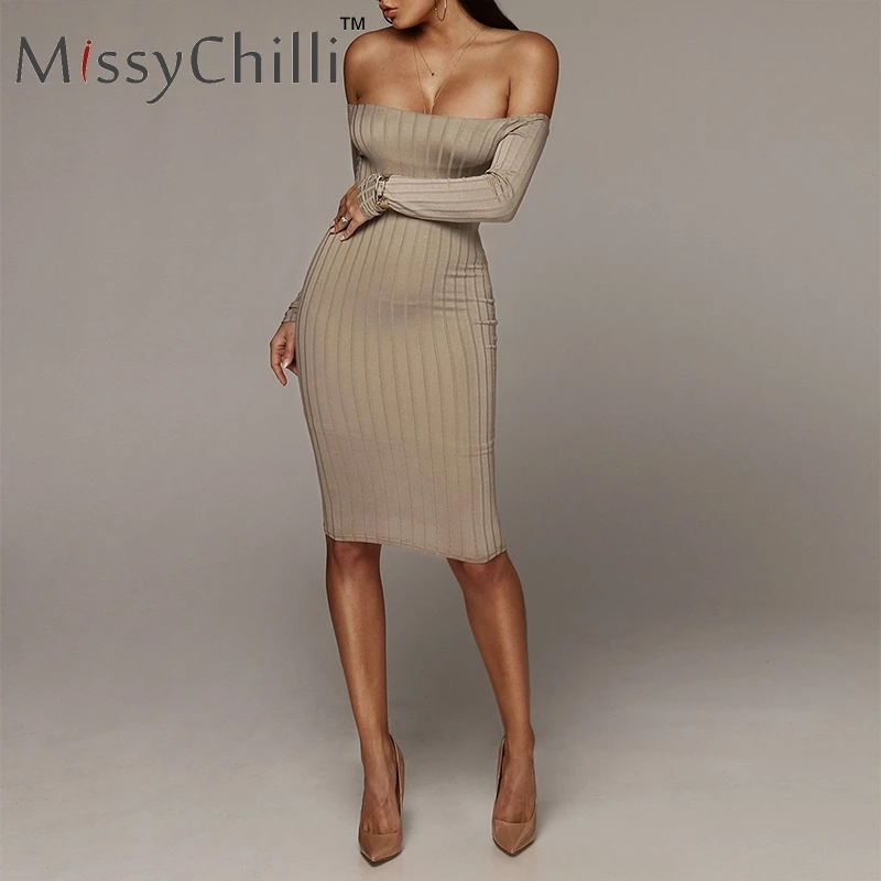 

MissyChilli Striped off shoulder bodycon sexy sweatee dress Women khaki party dress vintage Female fitness backless summer dress