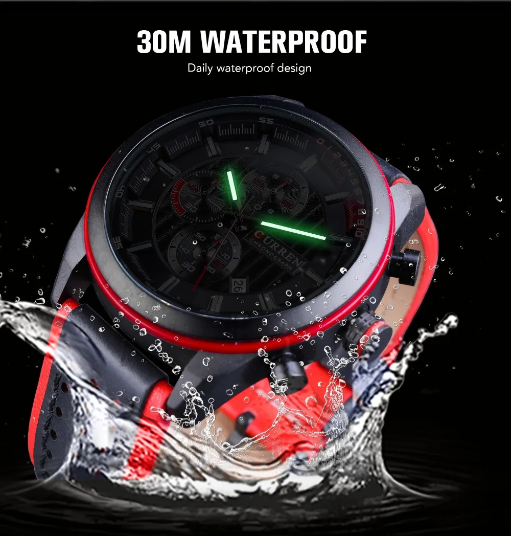 CURREN часы мужские часы Красные спортивные гоночные кожаные мужские модные спортивные военные часы лучший бренд класса люкс водонепроницаемые кварцевые наручные часы