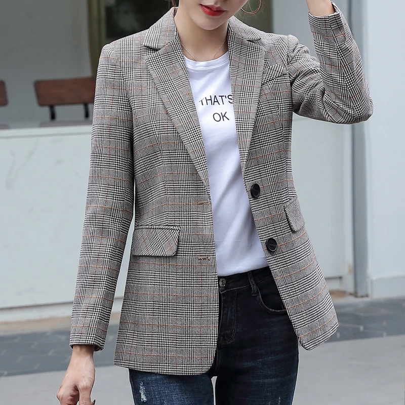 

Autumn Casual Plaid Women Blazer Jacket Notched Collar Single Breasted Female Suit Coat Fashion Outerwear blaser femme Jacket