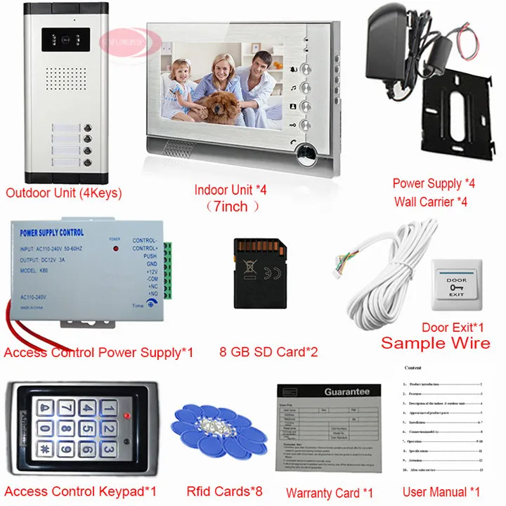 4 домофон для квартиры с Запись + sd-карта 7-дюймовый Экран видеодомофона дома клавиатура безопасности Система контроля доступа