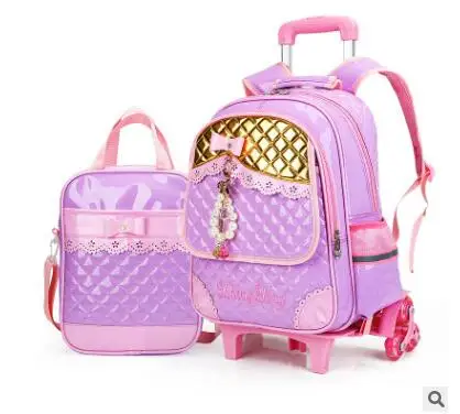 Школьная сумка с колесами для девочек s детские багажные рюкзаки с колесиками рюкзаки на колесах для девочек рюкзак-тележка для школы сумка для девочек - Цвет: purple with handbag