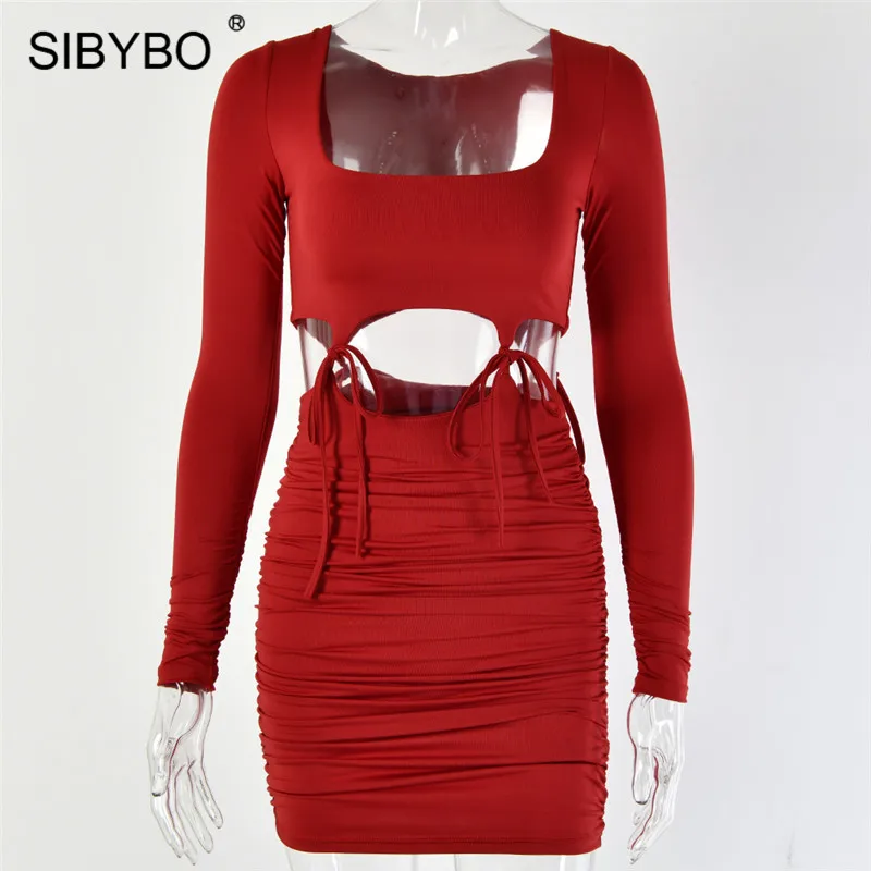 Женское плиссированное платье Sibybo осеннее с длинным рукавом и завязками