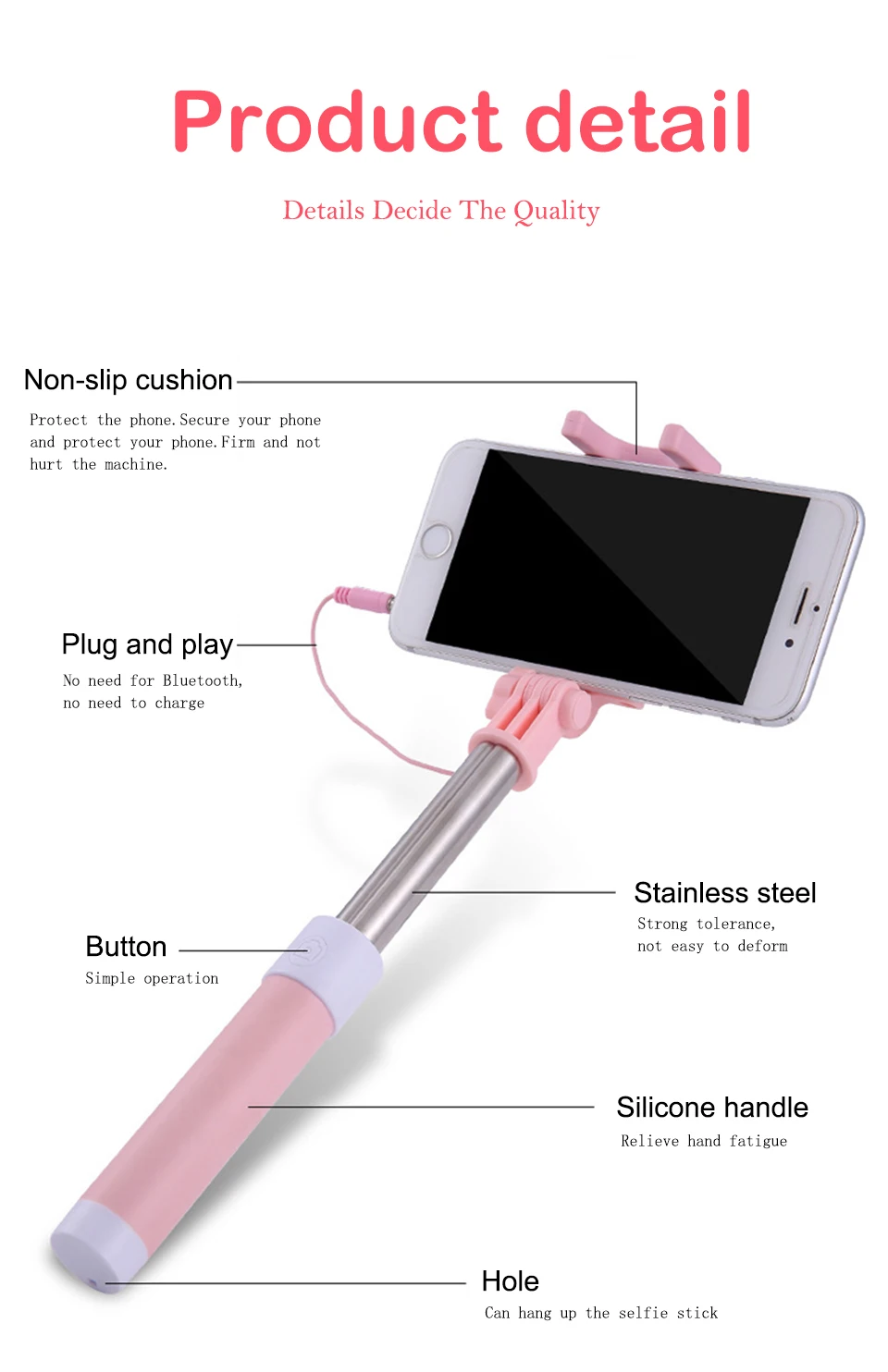 4 Color Mini Extendable Handheld Selfie Stick Stainless Steel Folding Wire Control Android Phone Handheld selfie sticks (8)