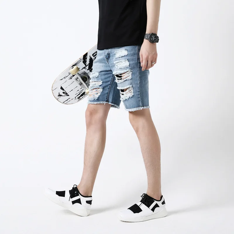 Hole Denim Shorts Men Washed Bleached Ripped Men Shorts Trousers Zipper