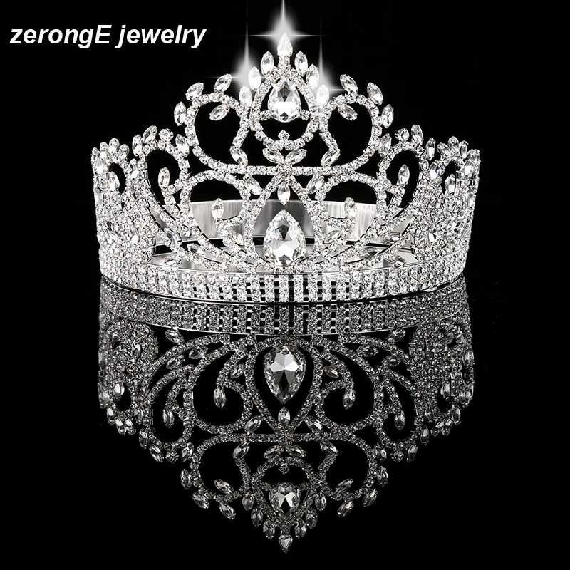 

zerongE jewelry Vintage Style Pageant Beauty Contest Tall 4.5" heart Tiara Full Circle Round Crystal Crown metal crown