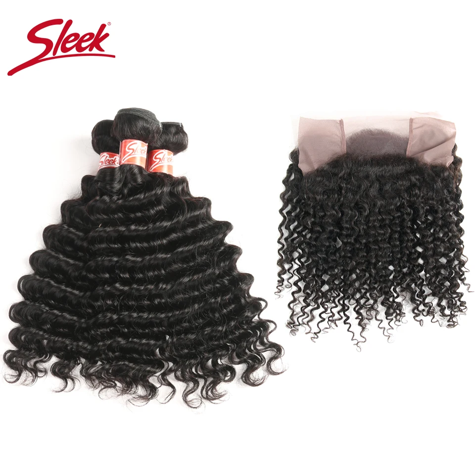 

Sleek 360 Frontal With Bundles Brazilian Non Remy Hair Deep Wave Bundles With Frontal Free Part Swiss Lace Free Shipping