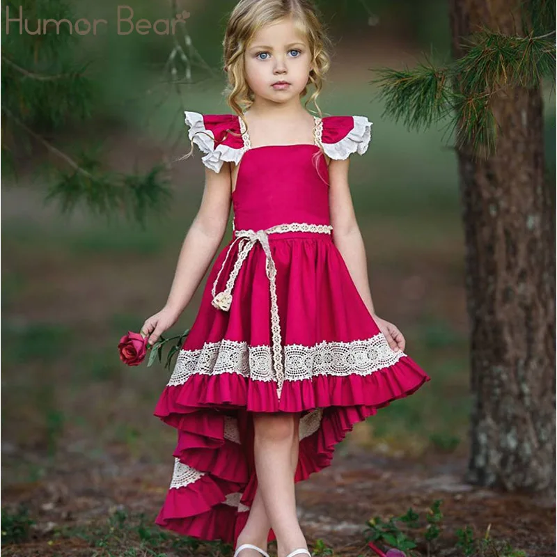 Humor Bear/модная летняя детская одежда; платье принцессы для маленьких принцесс с короткими рукавами и асимметричным кружевом; одежда для маленьких девочек