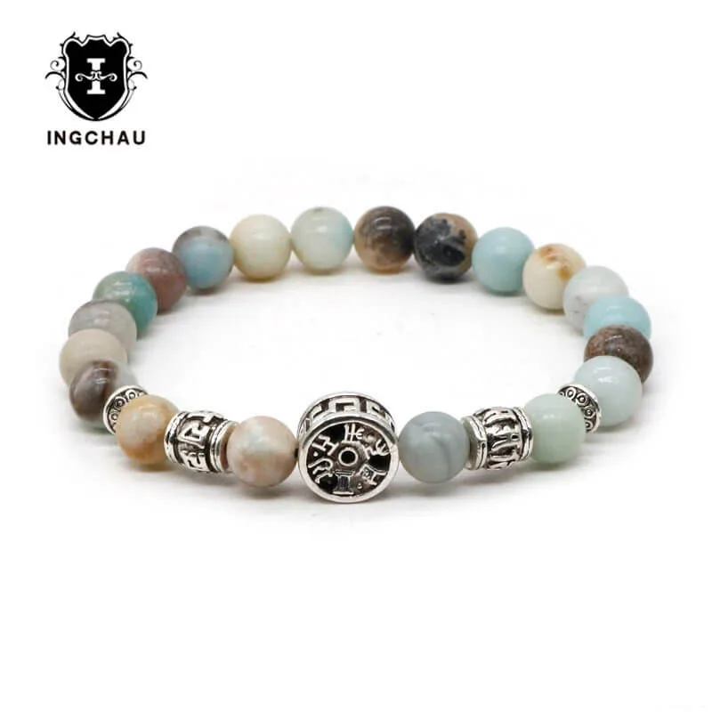 

Antique Silver Plated Buddhism Six Words Mantra Bracelet Men Natural Prayer Mala Bead Amazonite Bracelets Yoga Jewelry BD-14