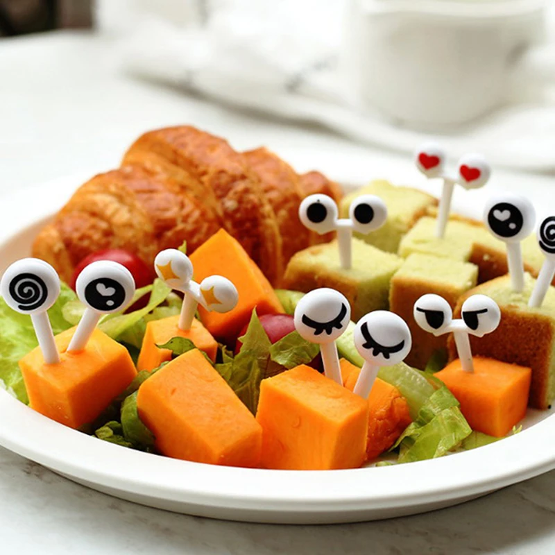 

10pcs/pack Mini Eye Cartoon Fruit Fork Plastic Fruit Toothpick Lovely Sign Bento Lunch For Children Decorative party supplies