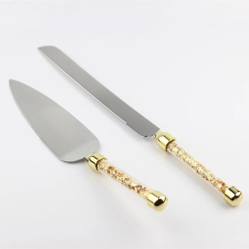 

stainless steel 18/8 golden foil wedding cake server set tableware knife and shovel dinnerware party gifts
