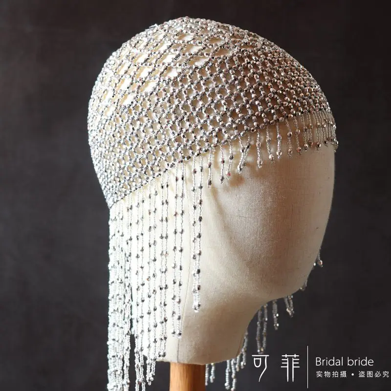 1920s Beaded Cap Headpiece Roaring 20s Beaded Flapper Headpiece Belly Dance Cap Exotic Cleopatra Headpiece for Gatsby Themed Party (Silver)  (5)