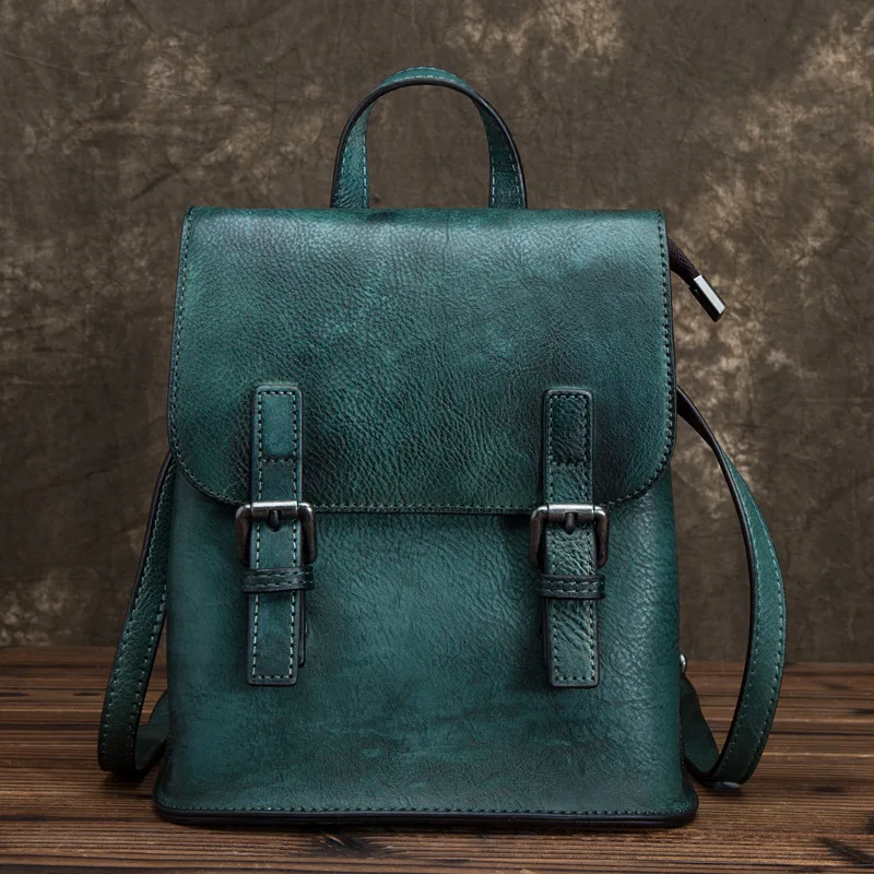 Женский рюкзак из натуральной кожи, цветной школьный ранец из воловьей кожи, ретро Простая Сумка для путешествия, вместительный рюкзак - Цвет: Green
