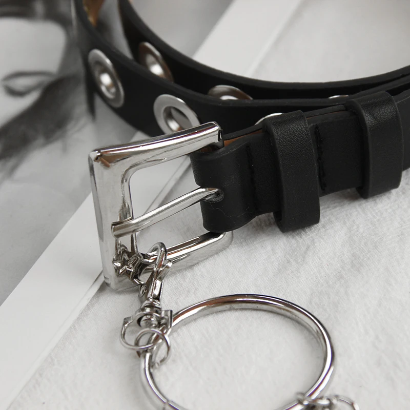 New Gothic Faux Leather Belt lady silver pin Metal Chain Ring Waist Strap Street Dance Decorate belts for women girl jeans black