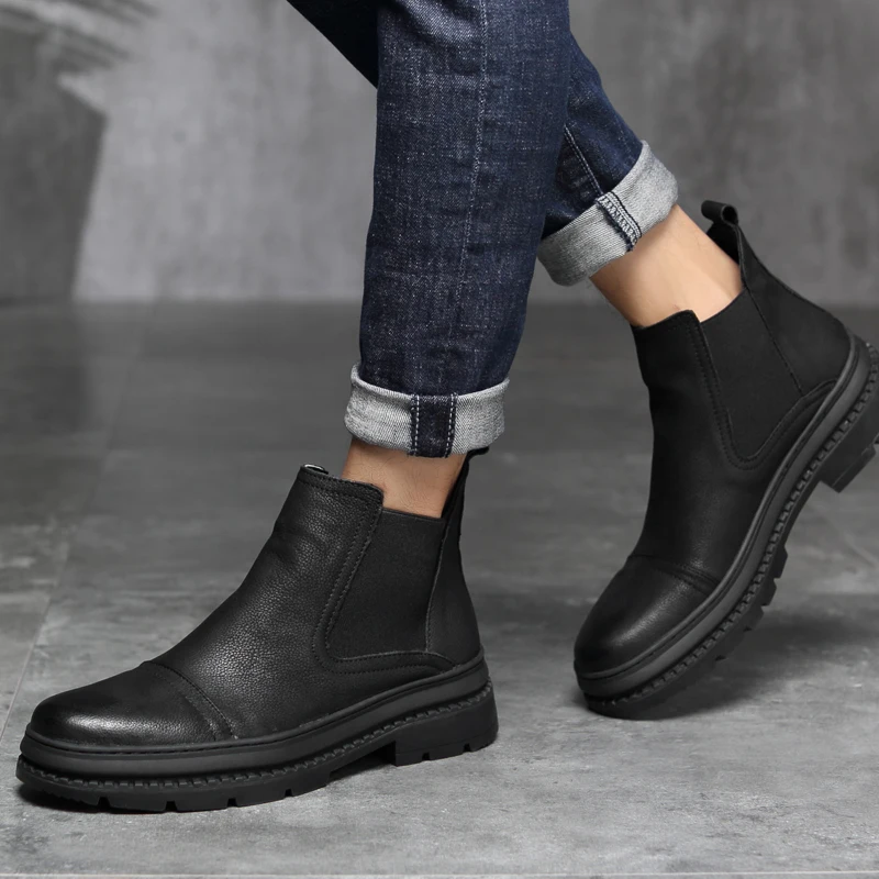 Высококачественные мужские зимние ботинки из кожи с натуральным лицевым покрытием; повседневные зимние уличные ботинки «Челси» без шнуровки; теплые черные ботинки ручной работы