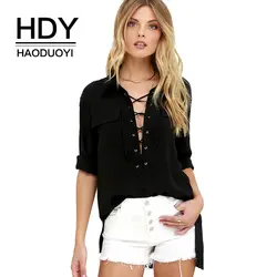 HDY Haoduoyi женские рубашки на шнуровке спереди с длинным рукавом Shrit с отворотом на шее модная блузка женские Топы повседневные уличные