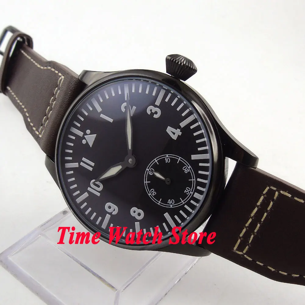 

Parnis 44mm black dial super luminous PVD case 6498 hand winding movement Men's watch 502