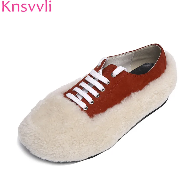 

Newest arrival Lambs Wool canvas shoes women flats handmade comfortable lace up loafers mixed color casual flat shoes for woman