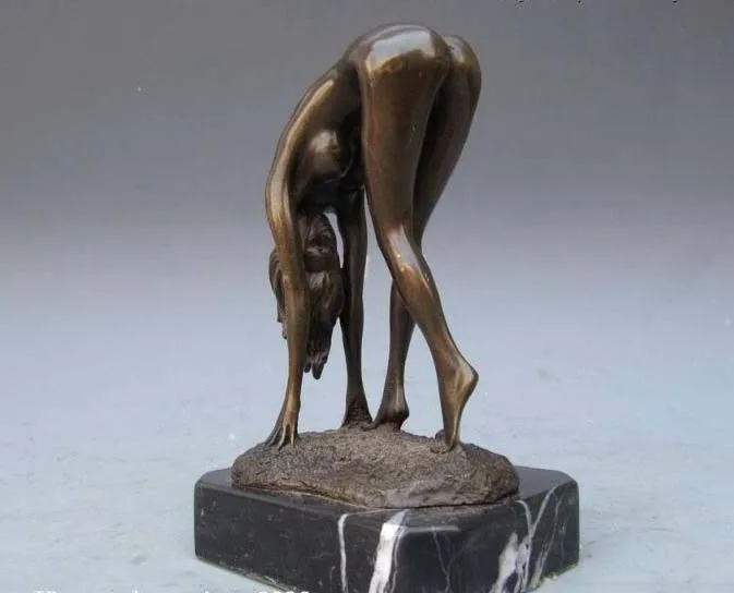 

8 Signed Pure Bronze Seductive Posture crouch Nude Woman West Art statuary
