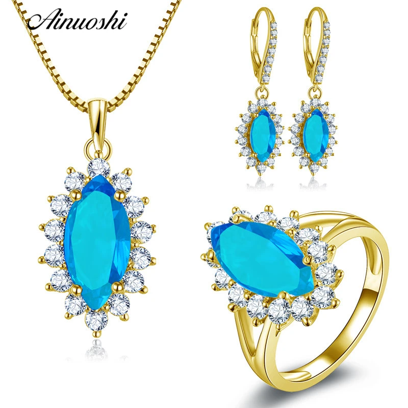 

AINUOSHI 10K Solid Yellow Gold Jewelry Set Mauquise Cut Light Blue Pendant Ring Drop Earring Luxurious Wedding Women Jewelry Set