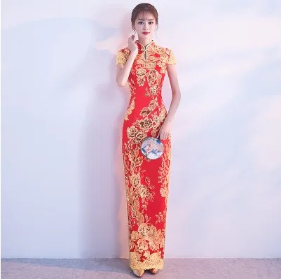 red B Зеленый Cheongsam женское традиционное платье сексуальное свадебное Qipao Вышивка Китайские Восточные Платья Vestidos Formales длинное Qi Pao - Цвет: red B
