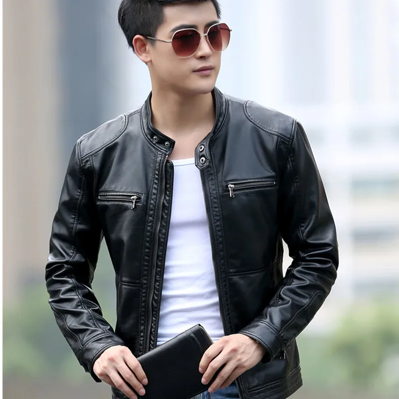 2018 Leather Jacket Men stand collar male casual
