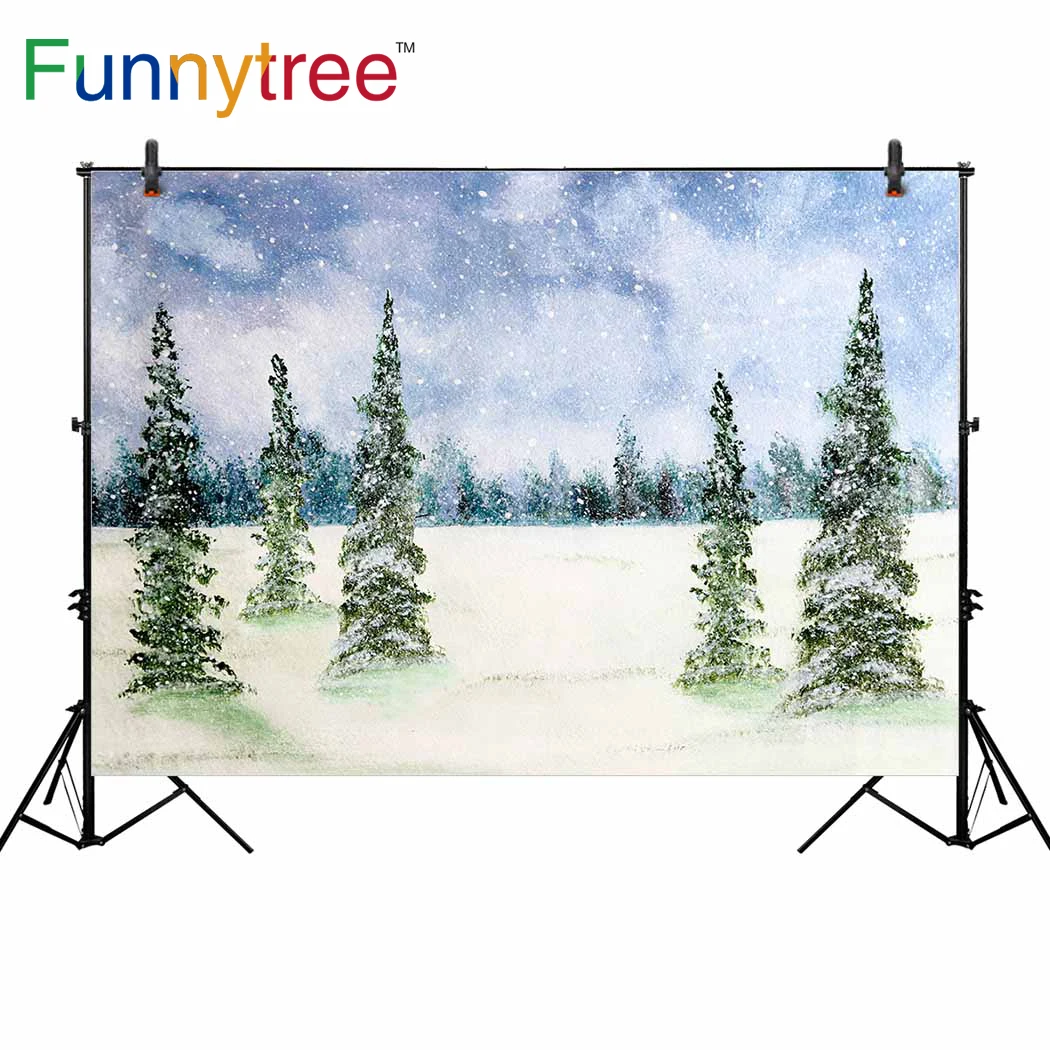 

Funnytree backdrop for photographic studio winter watercolor painting forest snow Christmas tree background photobooth photocall
