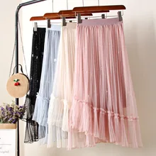 617 сетки юбка для девочек для женщин весна Высокая талия был тонкий слово плиссированные юбки длинный абзац юбка Феи бисером