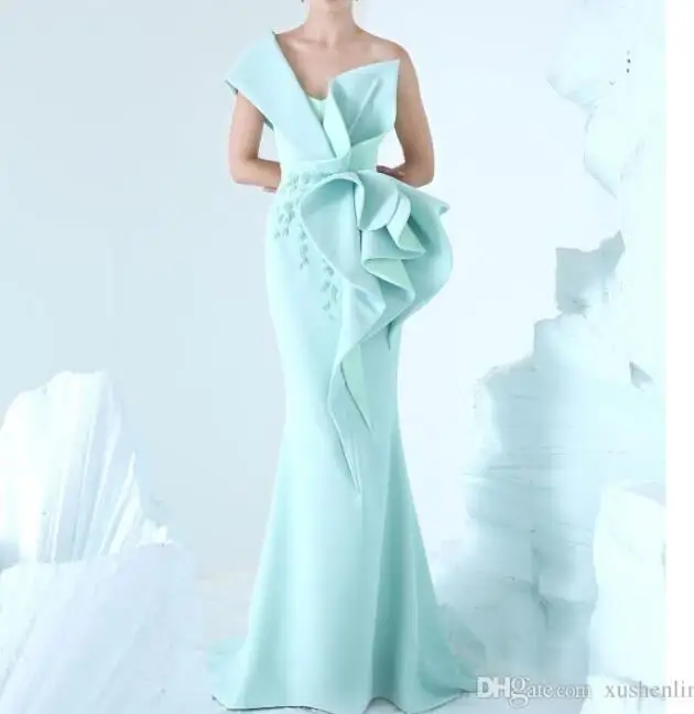 

2019 New Mermaid Evening Dress One Shoulder Embroidery Ruffles Prom Gowns Glamorous Dubai Fashion Floor Length Formal Dress