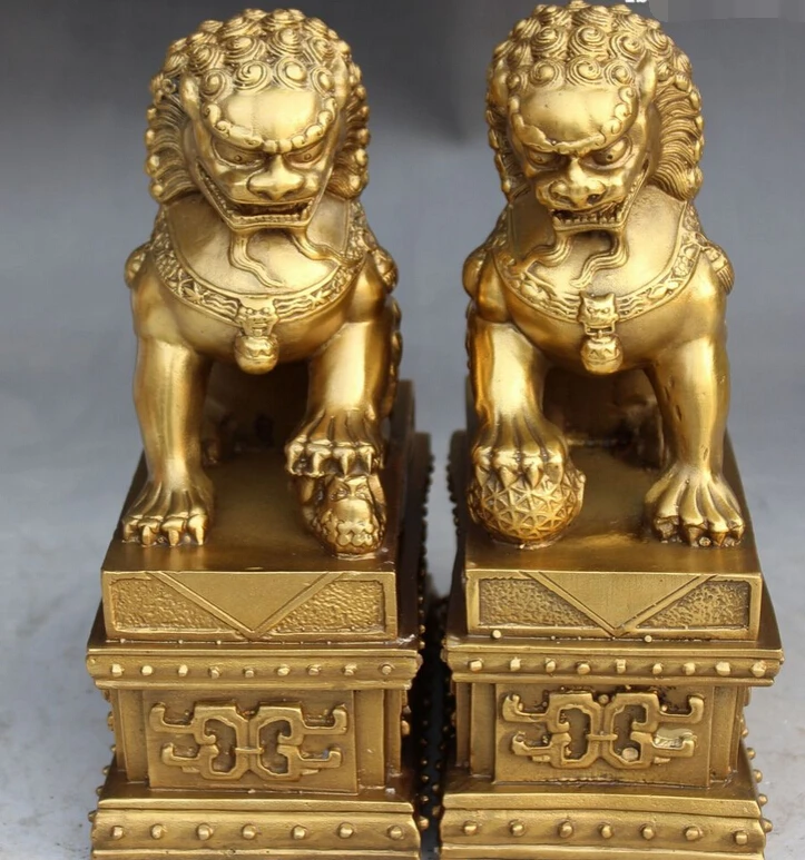 

bi002850 8"China Chinese Fengshui Brass Door Foo Fu Dog Guardion Lion Pair Ball Statue