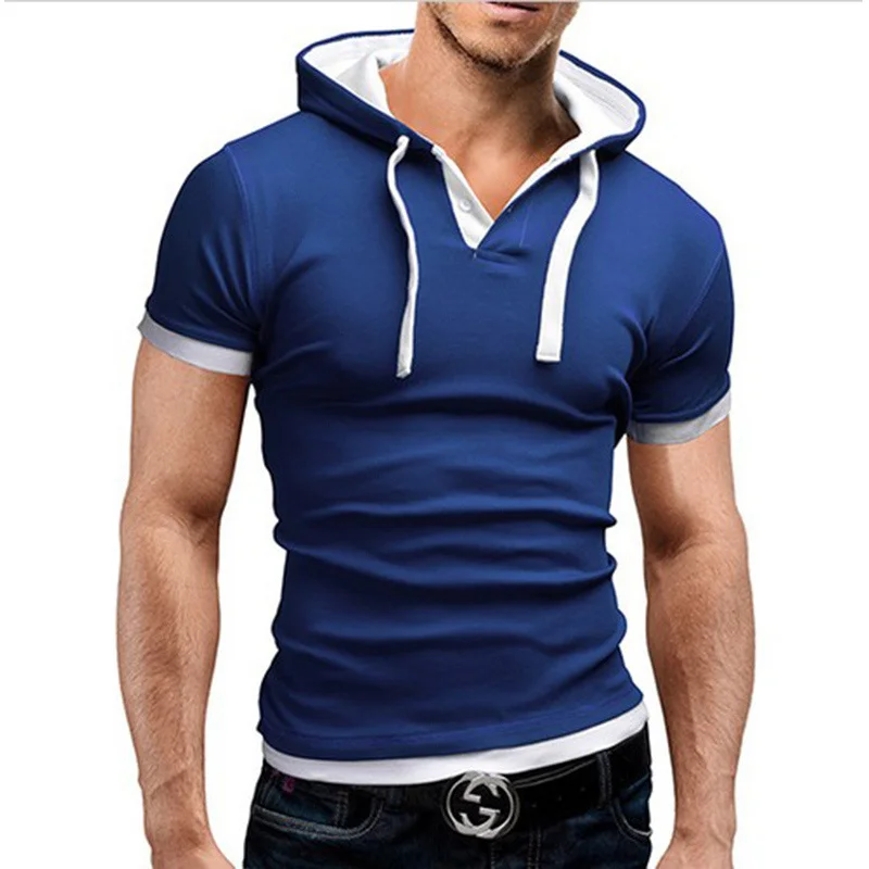 Рубашка поло, Мужская M-5XL, повседневный стиль, с капюшоном, приталенная, летняя,, эластичная, брендовая одежда, одноцветная, с коротким рукавом, мужские Поло - Цвет: 6blue white