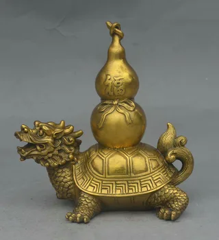 

8" China Fengshui Brass Wealth amulet Fu Gourd On longevity Dragon Turtle Statue