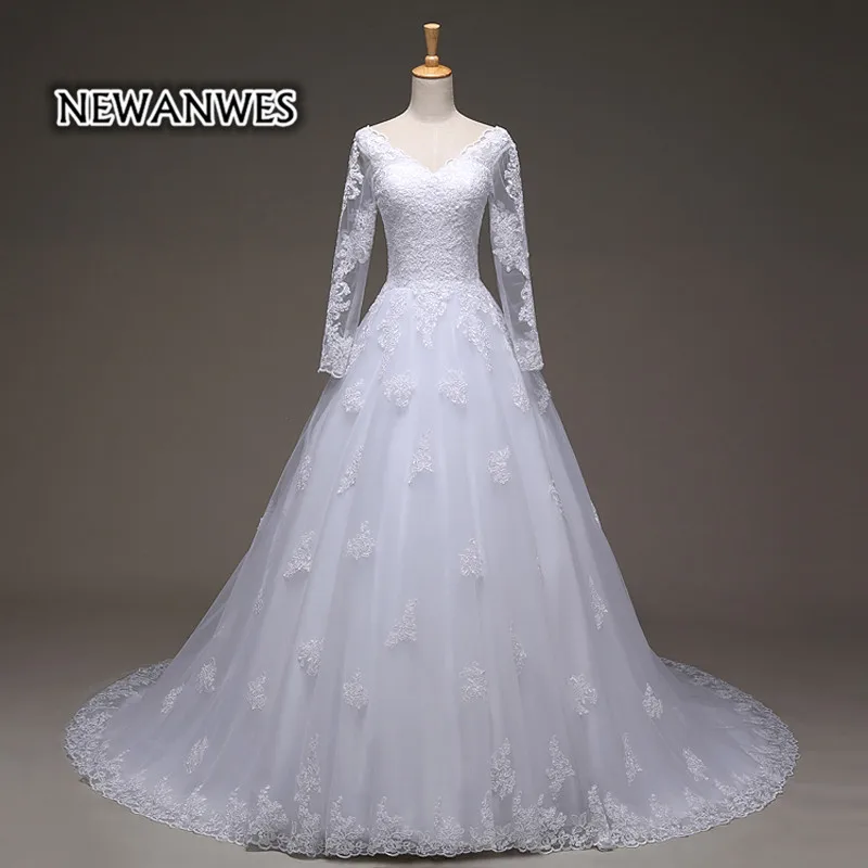 Vestido De Noiva дешевые Праздничное платье Longo Sexy Sheer длинный рукав Кружево аппликацией