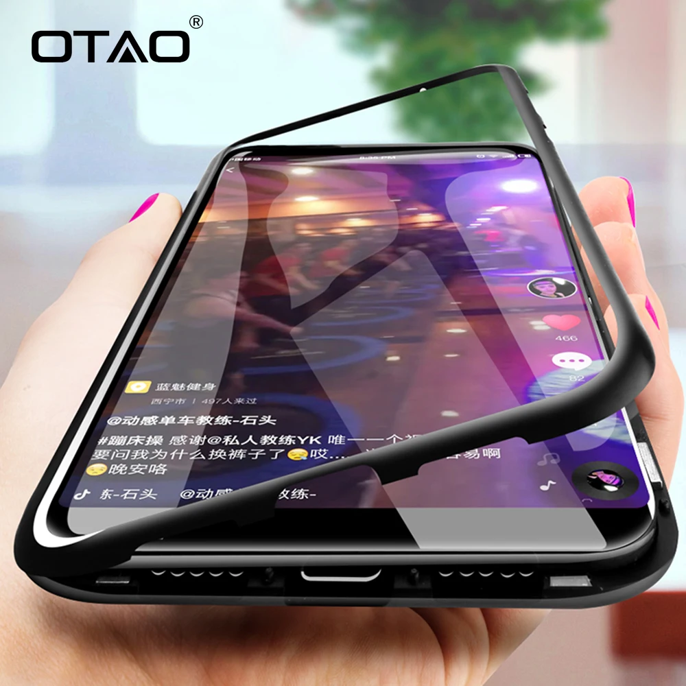 OTAO المغناطيسي الامتزاز المعادن حافظة لهاتف huawei زميله 20 الموالية 20X P20 لايت P10 نوفا 3 3i Y9 حالات الزجاج المقسى واضح المغناطيس غطاء