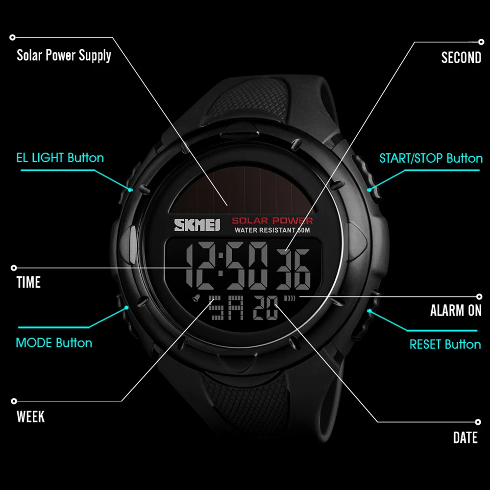 SKMEI спортивные часы Мужские цифровые наручные часы уличные солнечной энергии водонепроницаемые Роскошные мужские часы 1405 Relogio Masculino