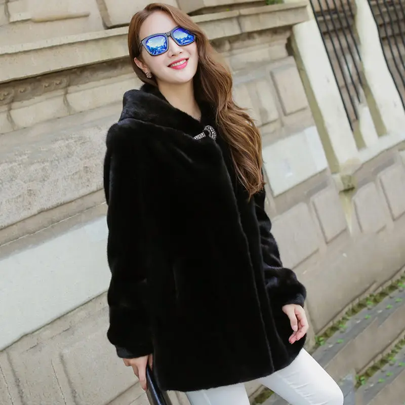 Осень-зима, Женское пальто из искусственного меха норки, верхняя одежда на пуговицах, тонкое пальто из искусственного меха, длинное женское элегантное белое черное меховое пальто LQ360 - Цвет: black