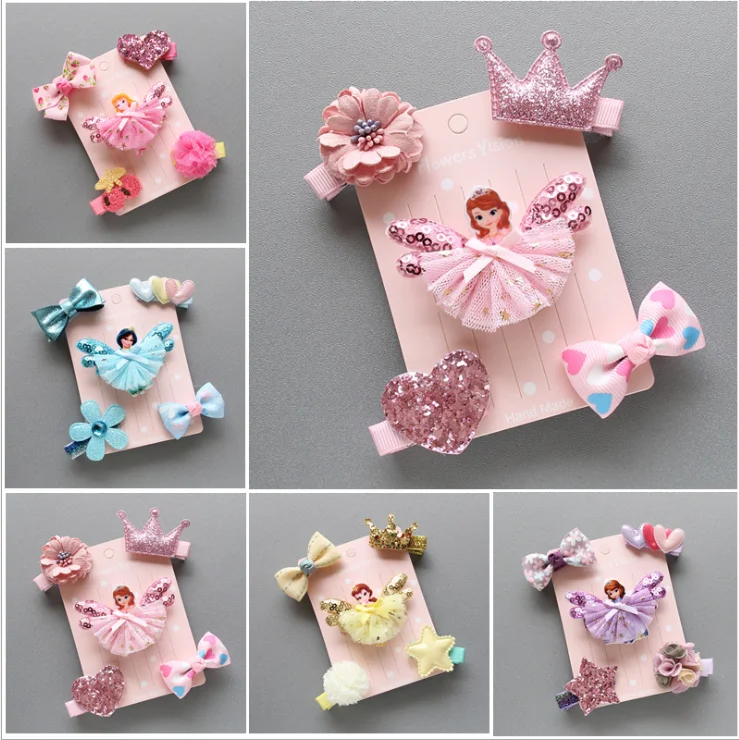 

2019 Kids Toddler Cute Hairpin Baby Girl Cartoon Princess Motifs Hair Clip Set 5Pcs