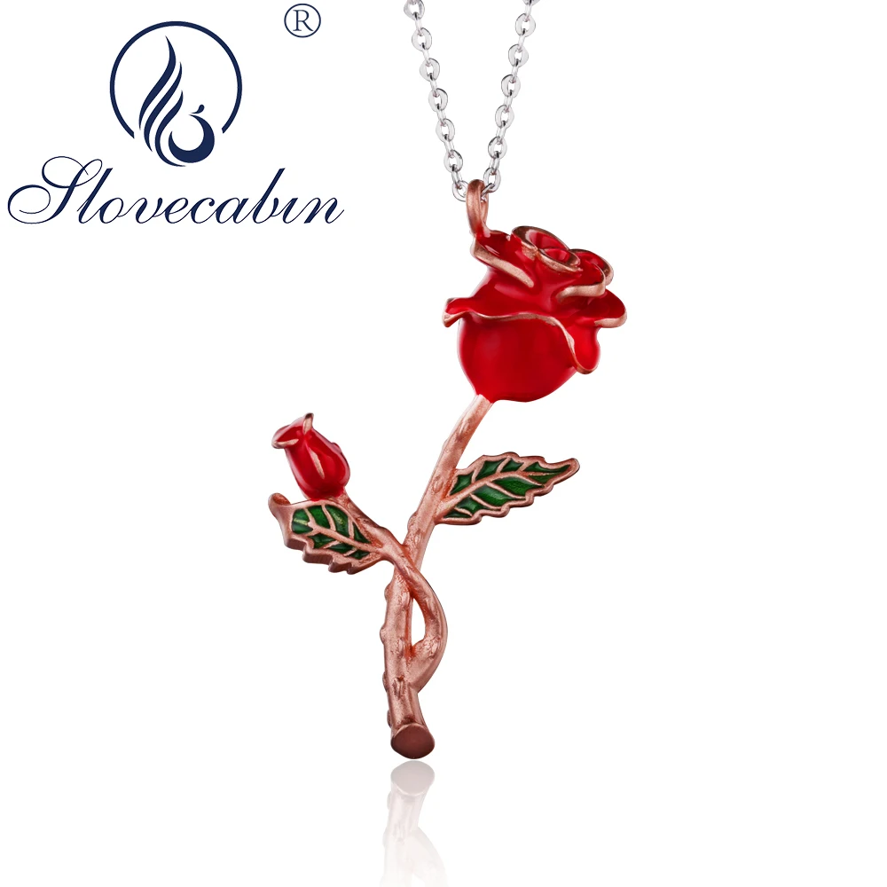 

Slovecabin Real 925 Sterling Silver Rose Flower Pendant Link Chain Women Necklace Collier Long Statement Necklaces Bijoux Femme