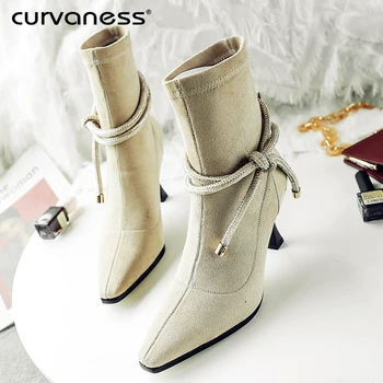 

Curvaness Sexy Sock Boots Knitting Stretch Boots High Heels For Women Fashion Shoes 2019 Spring Autumn Ankle Boots Size 34-42