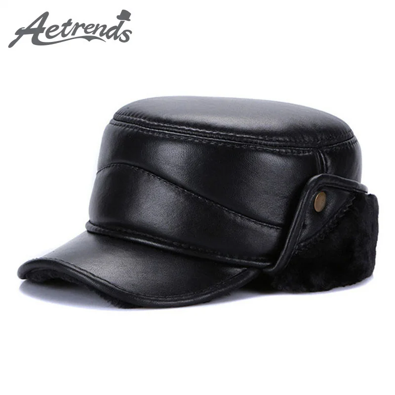 [AETRENDS] 2019 Winter Hat with Ear Flaps Leather Military Hats for Men Flat Cap Dad Hat Leather